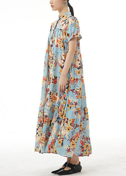 Blue Print Patchwork Chiffon Dress Stand Collar Wrinkled Summer LY1229 - fabuloryshop