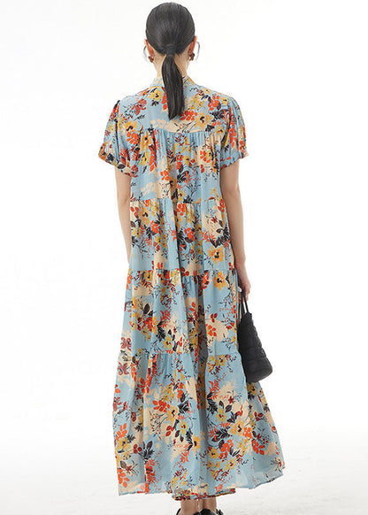 Blue Print Patchwork Chiffon Dress Stand Collar Wrinkled Summer LY1229 - fabuloryshop