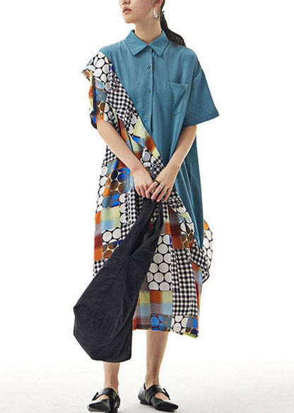 Blue Print Patchwork Chiffon Shirts Dress Ruffled Summer LY1142 - fabuloryshop