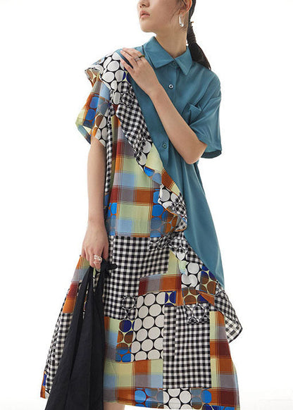 Blue Print Patchwork Chiffon Shirts Dress Ruffled Summer LY1142 - fabuloryshop