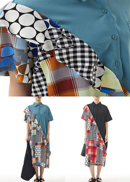 Blue Print Patchwork Chiffon Shirts Dress Ruffled Summer LY1142 - fabuloryshop