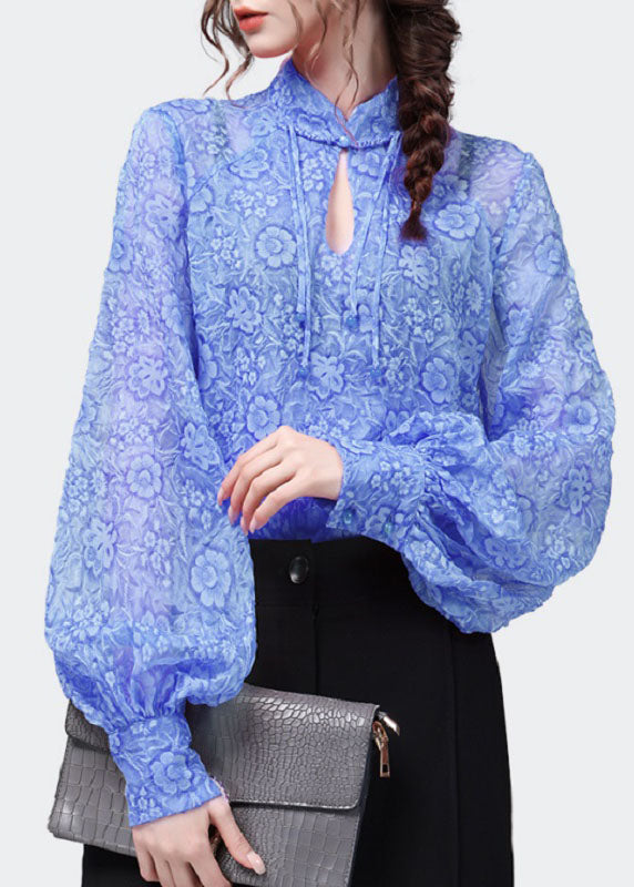 Blue Print Patchwork Chiffon Top Stand Collar Lantern Sleeve LY4635 - fabuloryshop