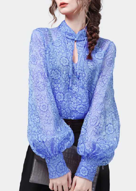 Blue Print Patchwork Chiffon Top Stand Collar Lantern Sleeve LY4635 - fabuloryshop