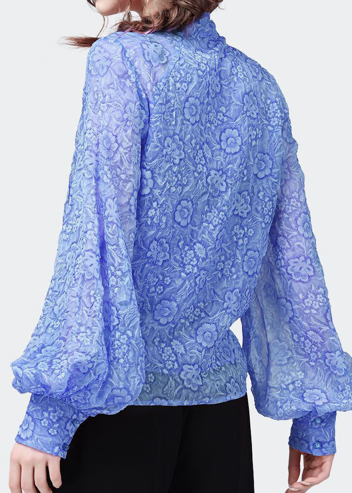 Blue Print Patchwork Chiffon Top Stand Collar Lantern Sleeve LY4635 - fabuloryshop