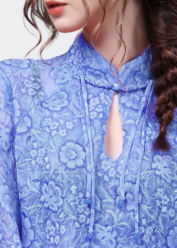 Blue Print Patchwork Chiffon Top Stand Collar Lantern Sleeve LY4635 - fabuloryshop