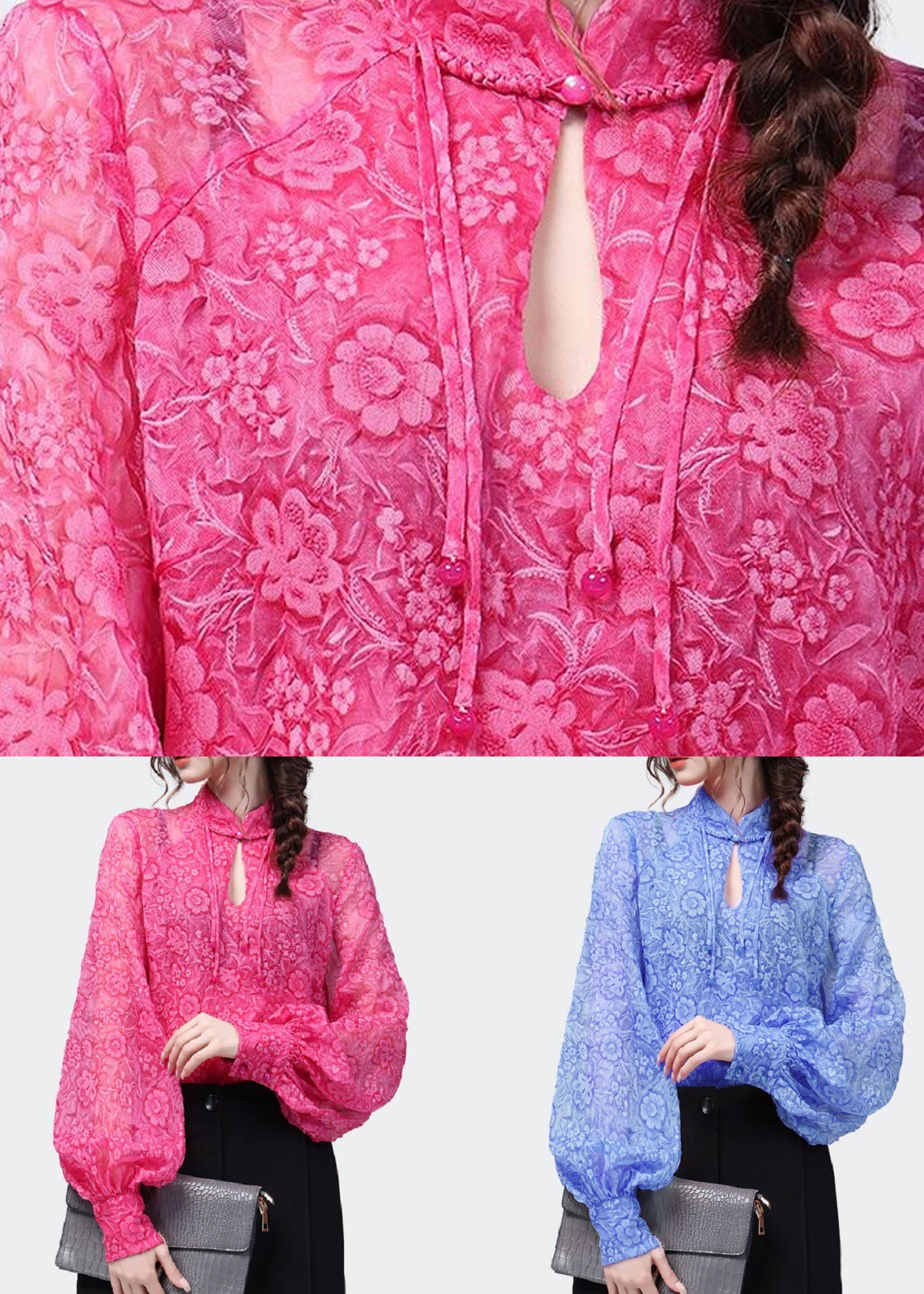 Blue Print Patchwork Chiffon Top Stand Collar Lantern Sleeve LY4635 - fabuloryshop