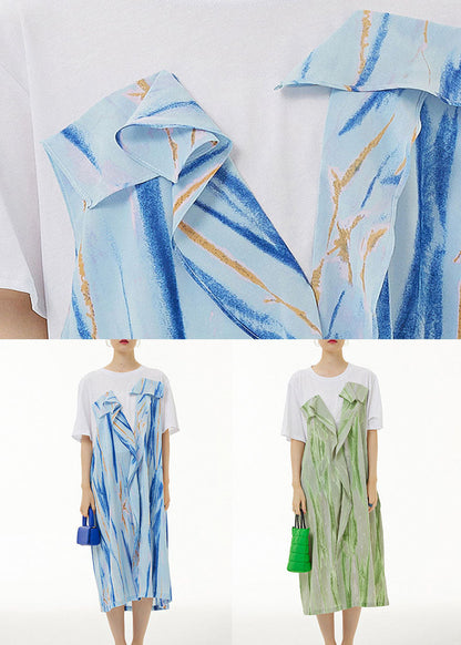 Blue Print Patchwork Cotton Dress Wrinkled False Two Pieces Summer LY1221 - fabuloryshop