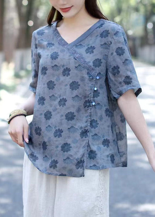 Blue Print Patchwork Linen Blouse Tops V Neck Short Sleeve Ada Fashion