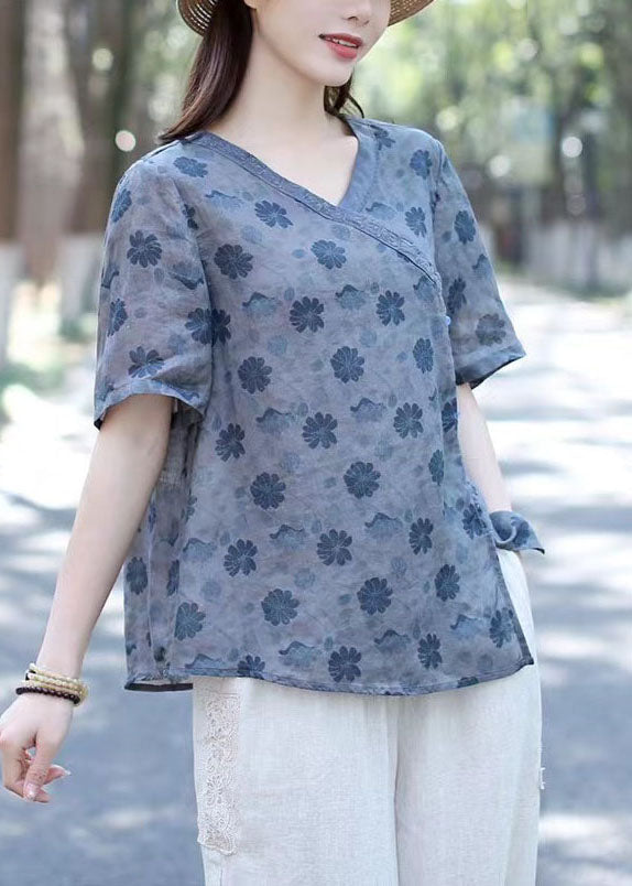 Blue Print Patchwork Linen Blouse Tops V Neck Short Sleeve Ada Fashion