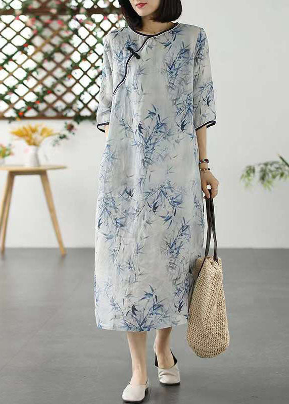 Blue Print Patchwork Linen Dress O Neck Chinese Button Summer LY2591 - fabuloryshop