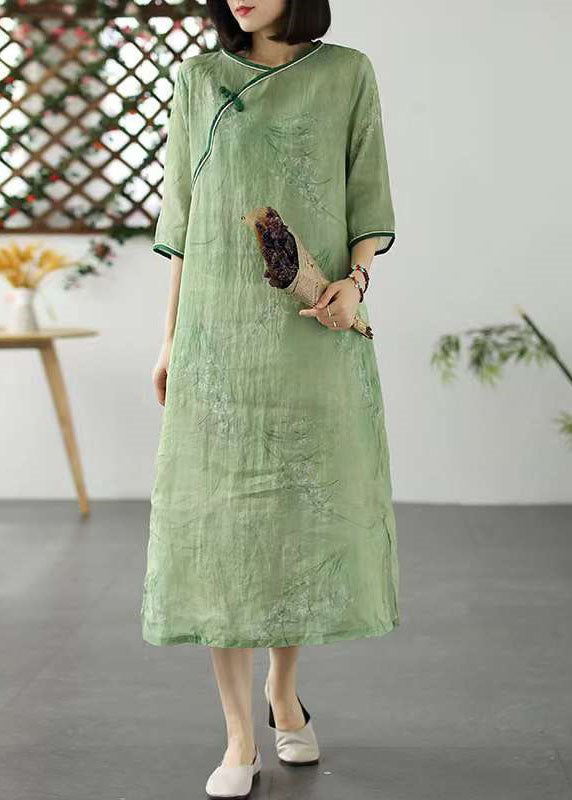Blue Print Patchwork Linen Dress O Neck Chinese Button Summer LY2591 - fabuloryshop
