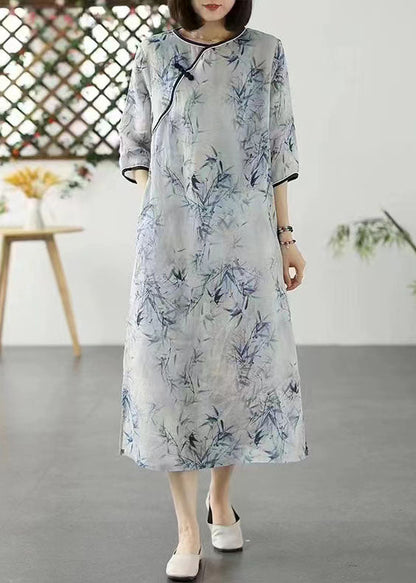 Blue Print Patchwork Linen Dress O Neck Chinese Button Summer LY2591 - fabuloryshop