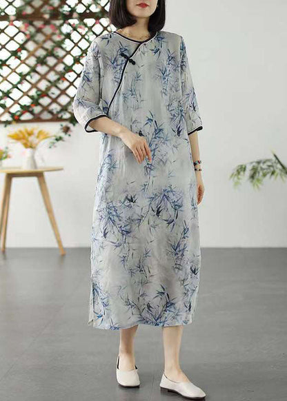 Blue Print Patchwork Linen Dress O Neck Chinese Button Summer LY2591 - fabuloryshop