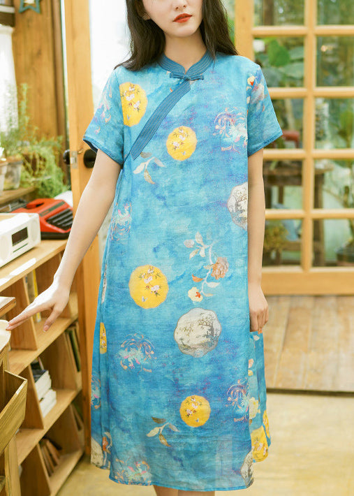 Blue Print Patchwork Linen Dress Stand Collar Short Sleeve Ada Fashion