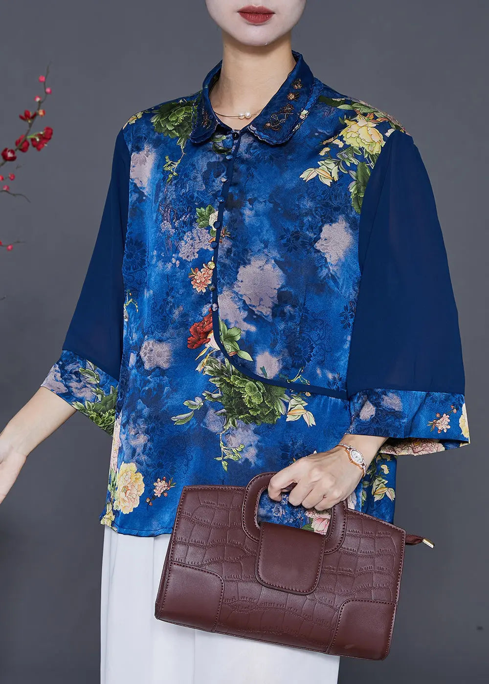 Blue Print Patchwork Silk Blouse Top Peter Pan Collar Bracelet Sleeve Ada Fashion