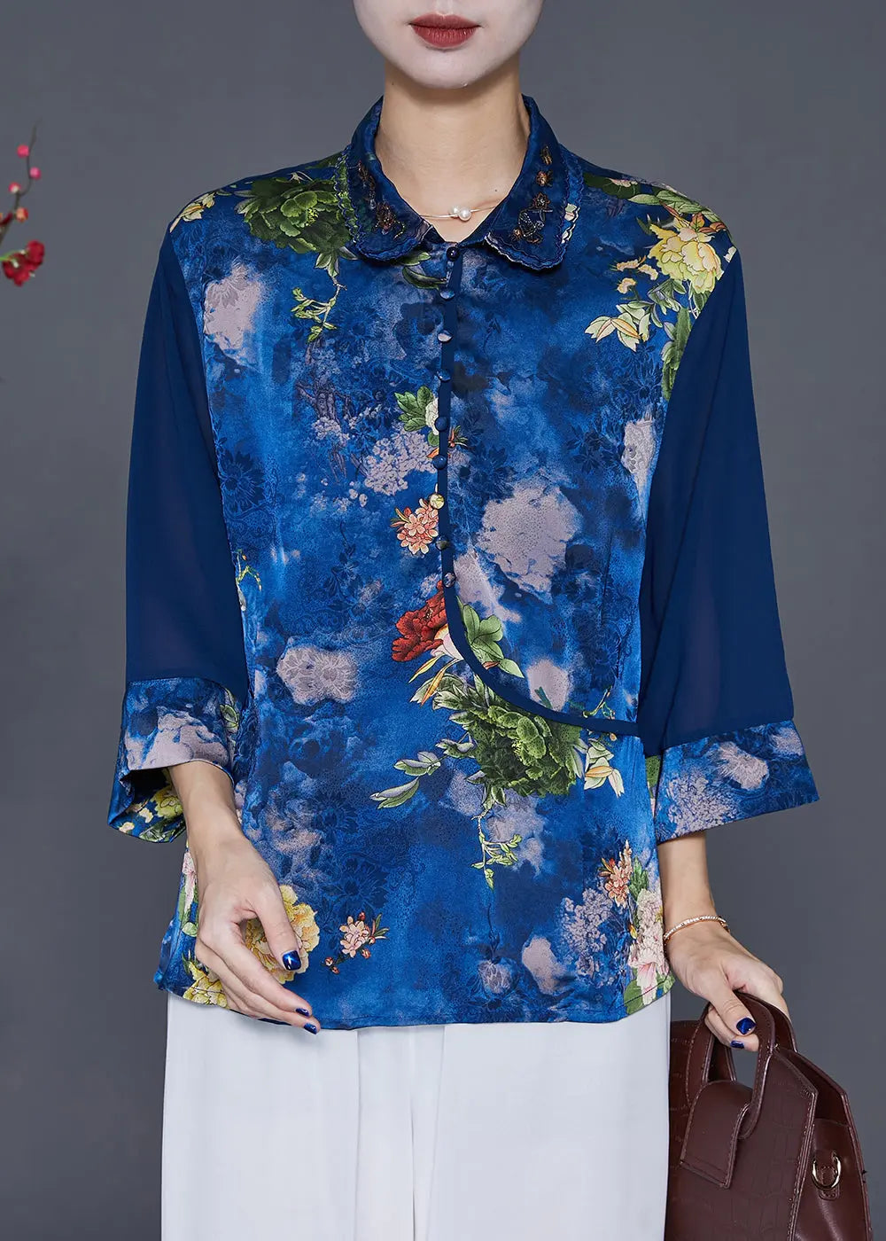 Blue Print Patchwork Silk Blouse Top Peter Pan Collar Bracelet Sleeve Ada Fashion