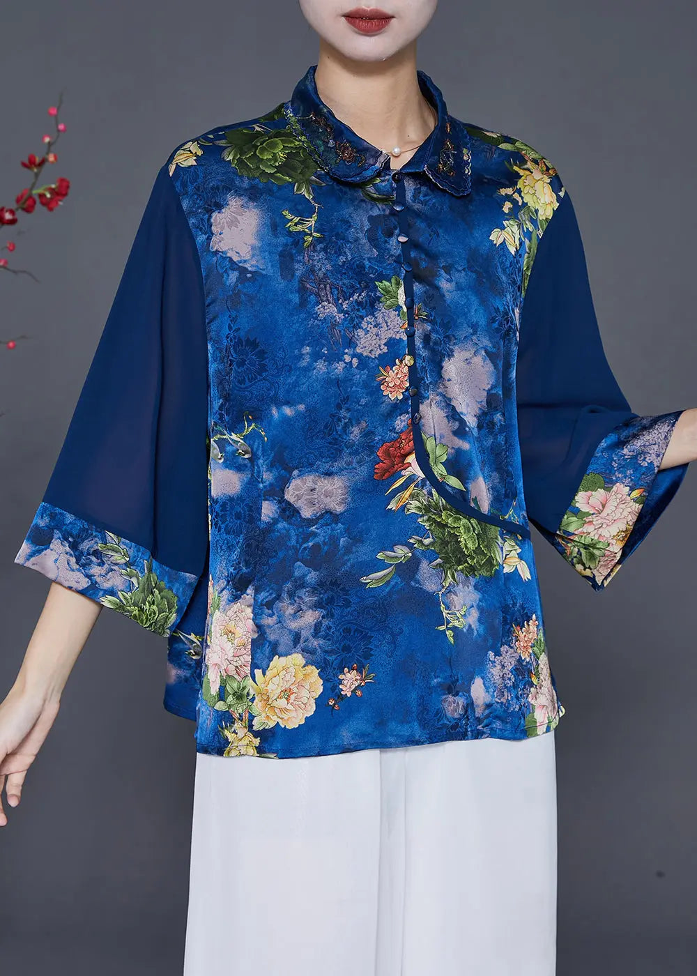 Blue Print Patchwork Silk Blouse Top Peter Pan Collar Bracelet Sleeve Ada Fashion