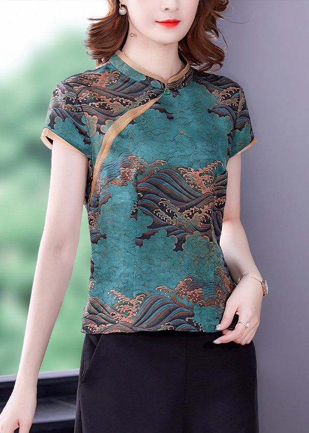 Blue Print Silk Blouse Top Mandarin Collar Slim Fit Summer LY0450 - fabuloryshop