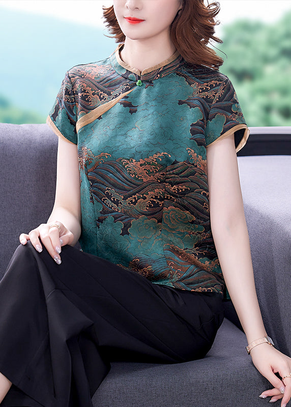 Blue Print Silk Blouse Top Mandarin Collar Slim Fit Summer LY0450 - fabuloryshop