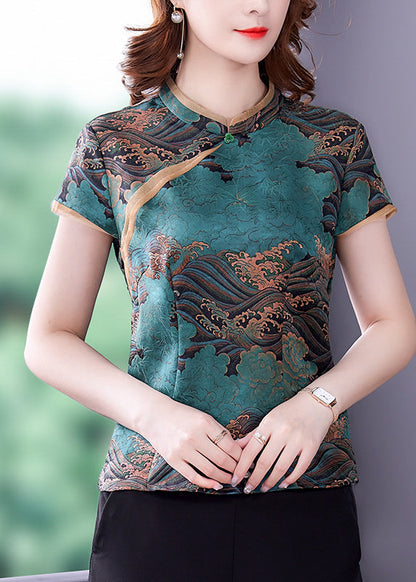 Blue Print Silk Blouse Top Mandarin Collar Slim Fit Summer LY0450 - fabuloryshop