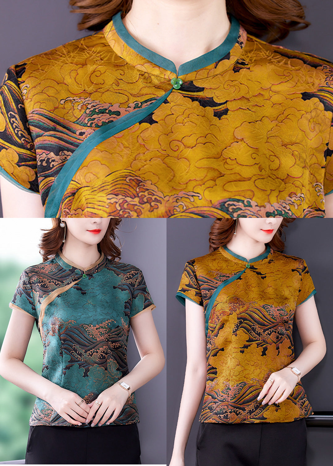 Blue Print Silk Blouse Top Mandarin Collar Slim Fit Summer LY0450 - fabuloryshop