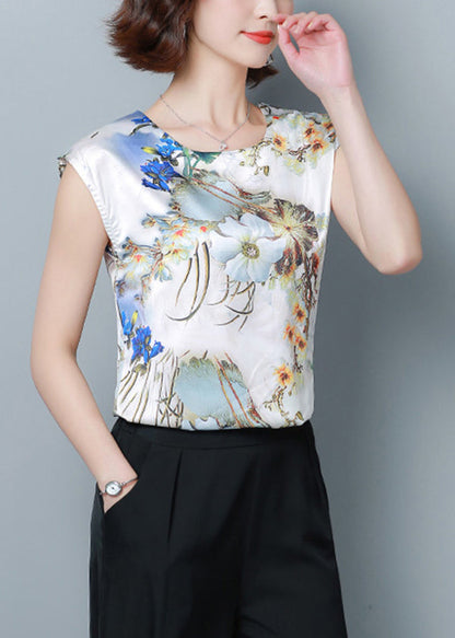 Blue Print Silk Blouse Top O-Neck Slim Fit Short Sleeve LY0413 - fabuloryshop