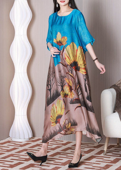 Blue Print Silk Dress Oversized Exra Large Hem Half Sleeve LY3778 - fabuloryshop