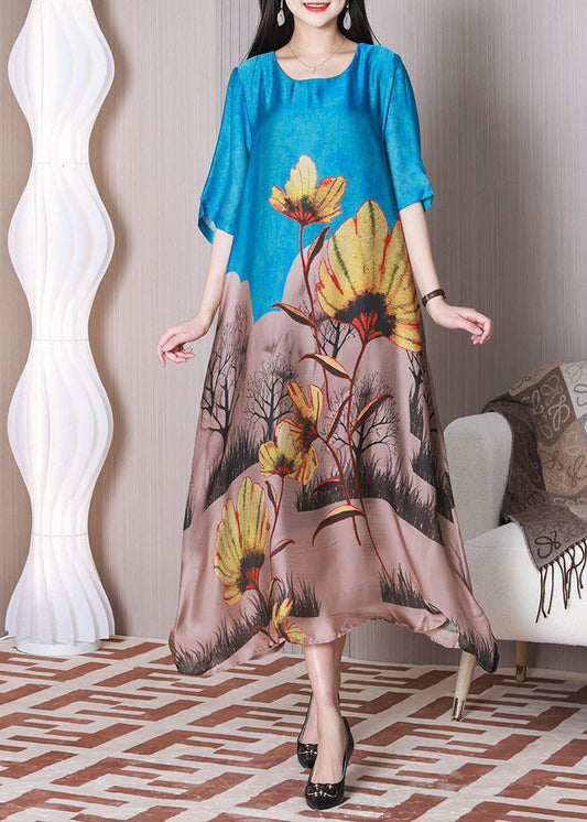 Blue Print Silk Dress Oversized Exra Large Hem Half Sleeve LY3778 - fabuloryshop