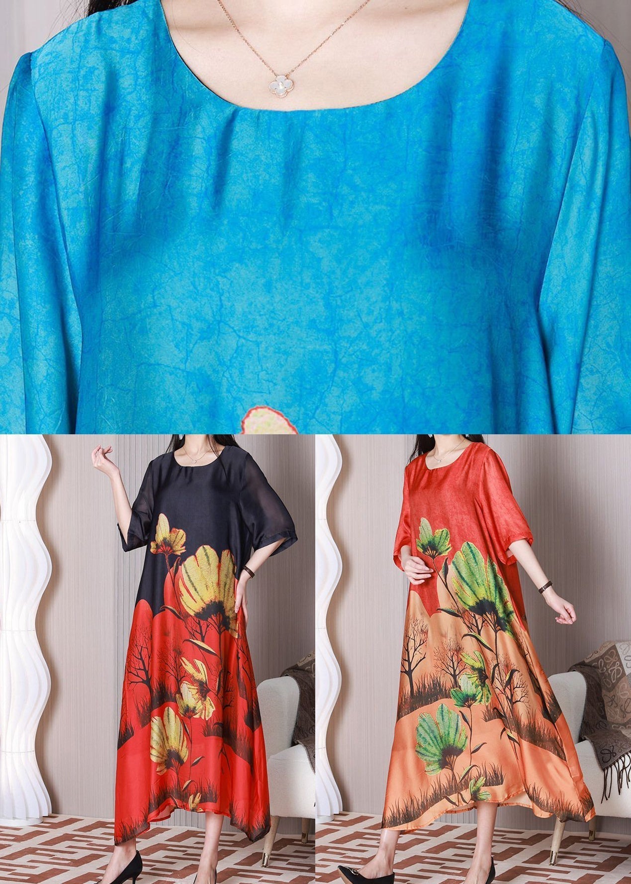 Blue Print Silk Dress Oversized Exra Large Hem Half Sleeve LY3778 - fabuloryshop