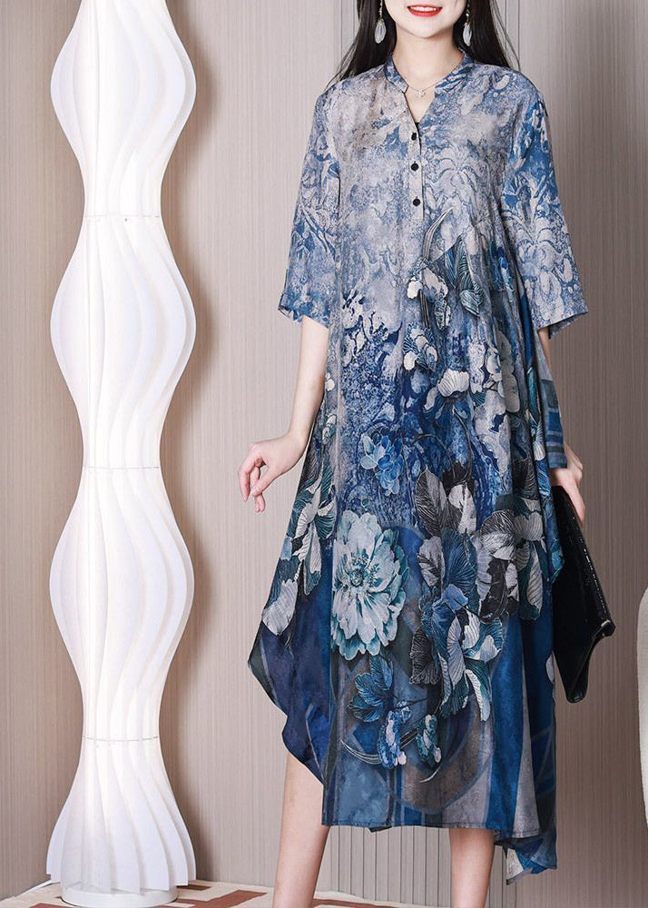 Blue Print Silk Holiday Dress Asymmetrical Exra Large Hem Half Sleeve LY3772 - fabuloryshop