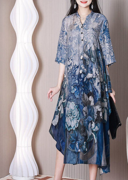 Blue Print Silk Holiday Dress Asymmetrical Exra Large Hem Half Sleeve LY3772 - fabuloryshop