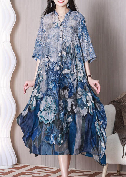 Blue Print Silk Holiday Dress Asymmetrical Exra Large Hem Half Sleeve LY3772 - fabuloryshop