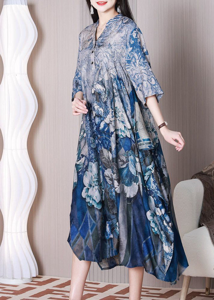 Blue Print Silk Holiday Dress Asymmetrical Exra Large Hem Half Sleeve LY3772 - fabuloryshop