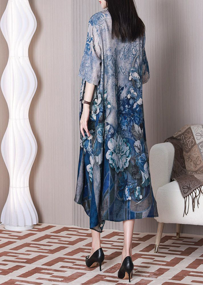 Blue Print Silk Holiday Dress Asymmetrical Exra Large Hem Half Sleeve LY3772 - fabuloryshop