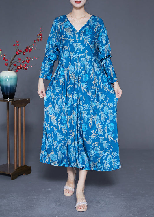 Blue Print Silk Holiday Dresses V Neck Oversized Spring LY1847 - fabuloryshop