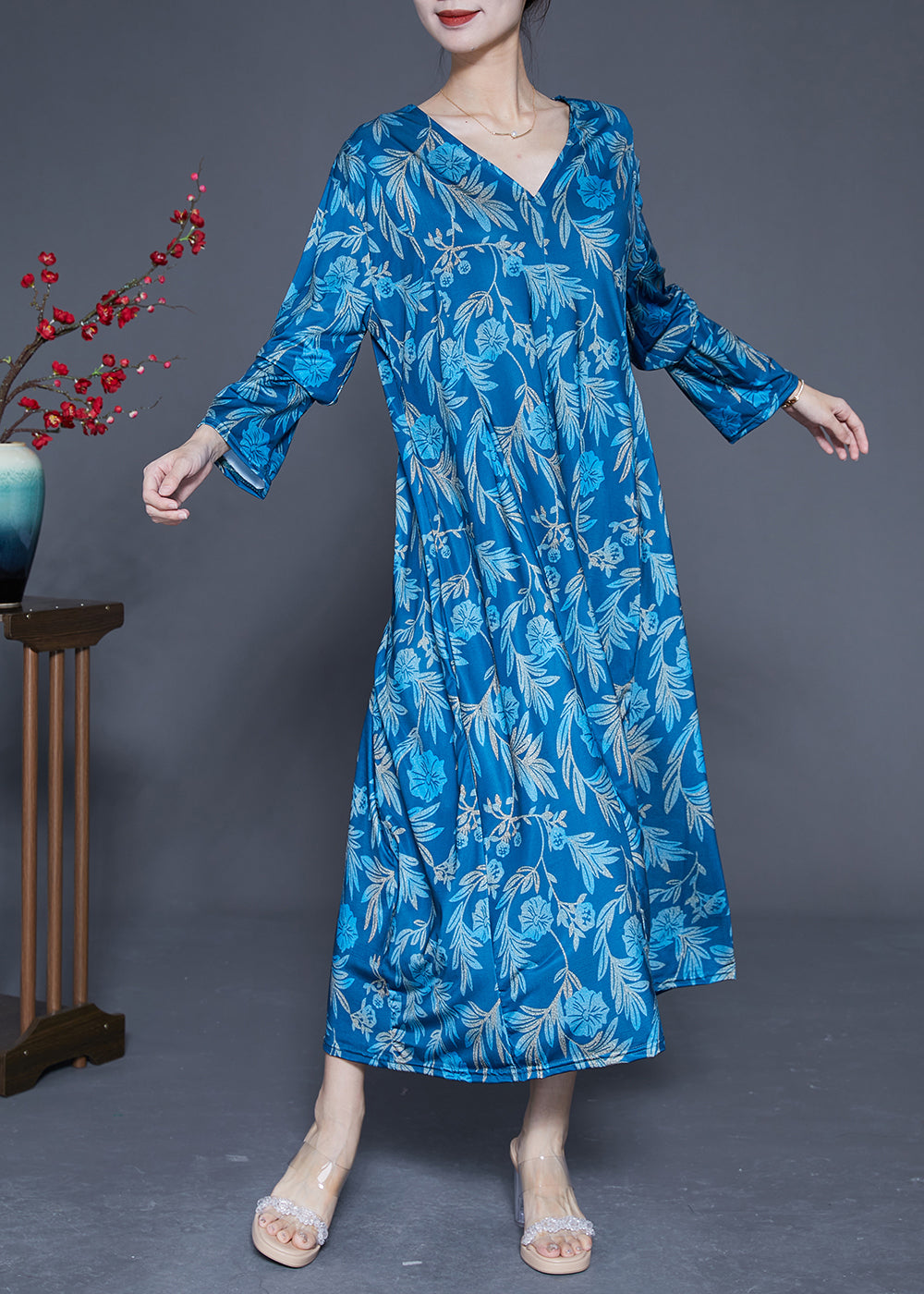 Blue Print Silk Holiday Dresses V Neck Oversized Spring LY1847 - fabuloryshop