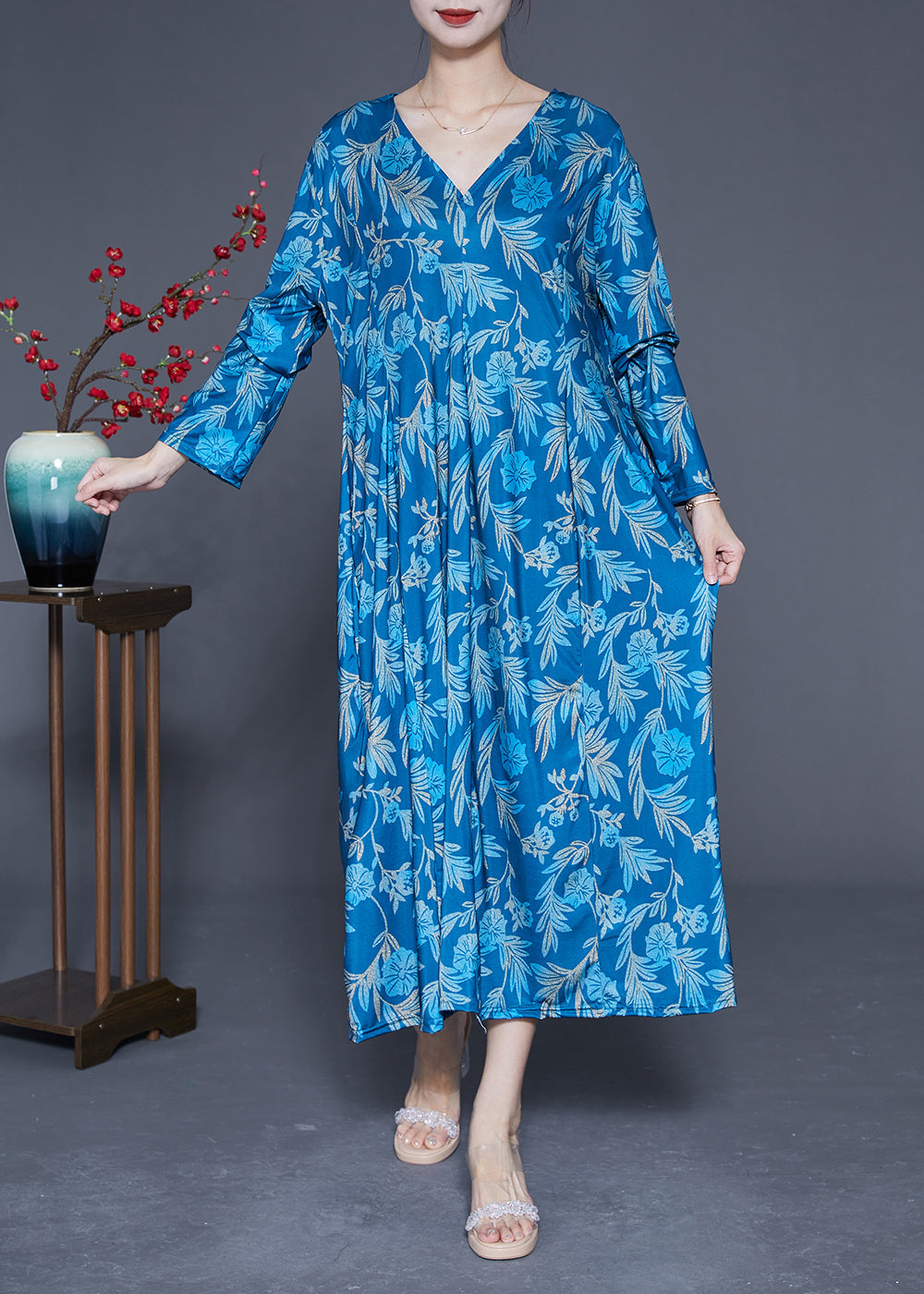 Blue Print Silk Holiday Dresses V Neck Oversized Spring LY1847 - fabuloryshop