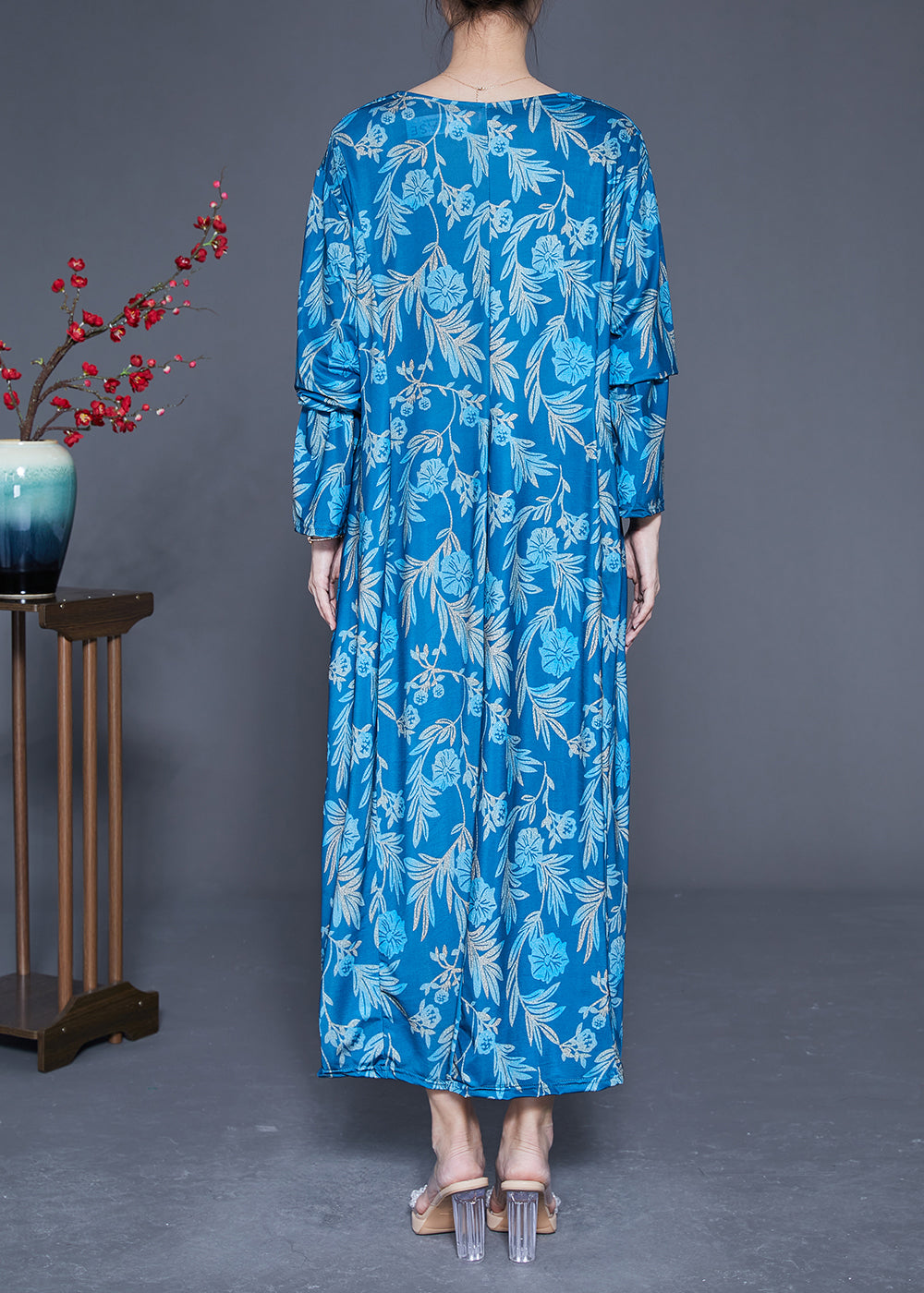 Blue Print Silk Holiday Dresses V Neck Oversized Spring LY1847 - fabuloryshop