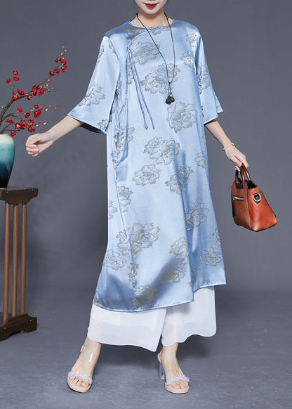 Blue Print Silk Long Dresses Chinese Button Tassel Half Sleeve LY1858 - fabuloryshop