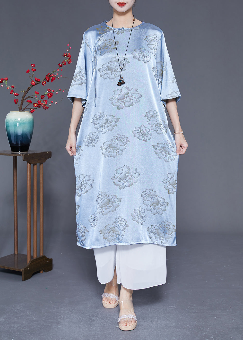 Blue Print Silk Long Dresses Chinese Button Tassel Half Sleeve LY1858 - fabuloryshop