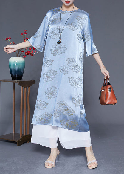 Blue Print Silk Long Dresses Chinese Button Tassel Half Sleeve LY1858 - fabuloryshop