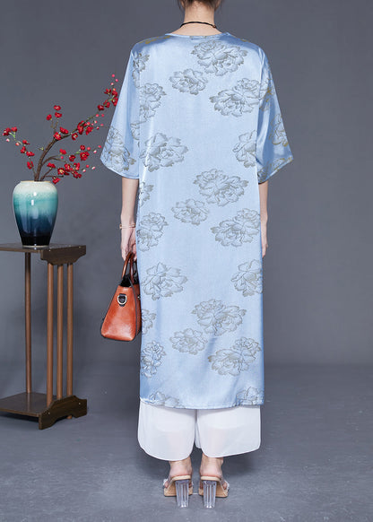 Blue Print Silk Long Dresses Chinese Button Tassel Half Sleeve LY1858 - fabuloryshop