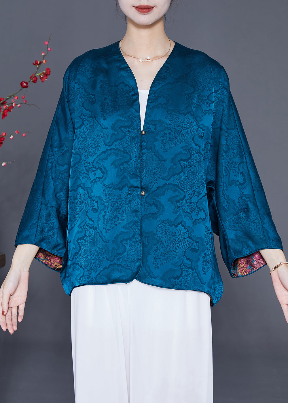 Blue Print Silk Loose Coat Wear On Both Sides Summer Ada Fashion