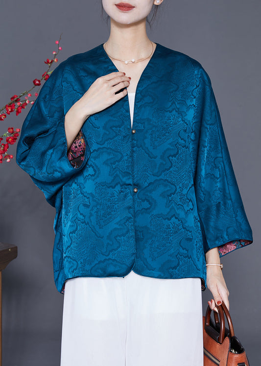 Blue Print Silk Loose Coat Wear On Both Sides Summer Ada Fashion