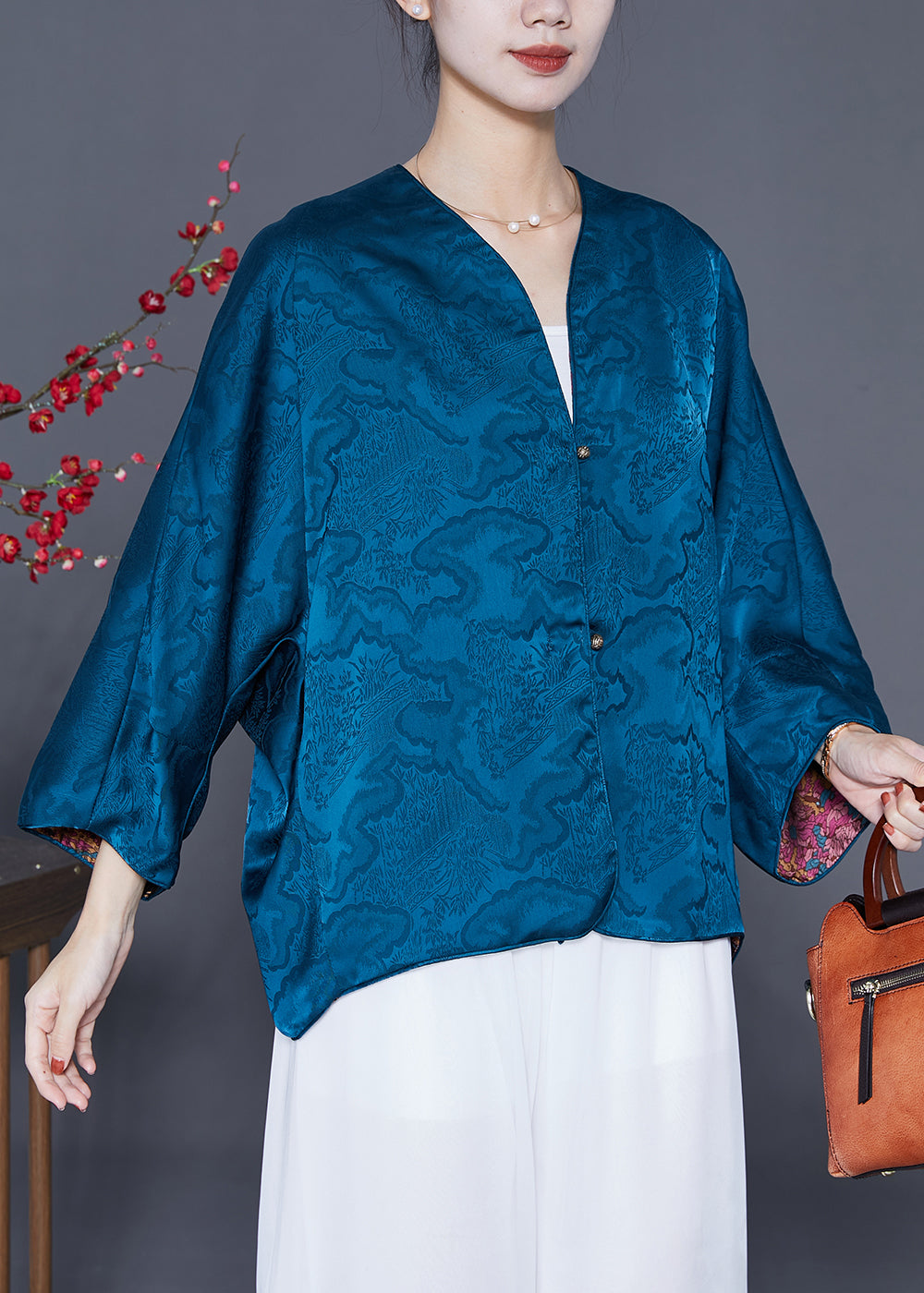 Blue Print Silk Loose Coat Wear On Both Sides Summer Ada Fashion