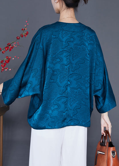 Blue Print Silk Loose Coat Wear On Both Sides Summer Ada Fashion