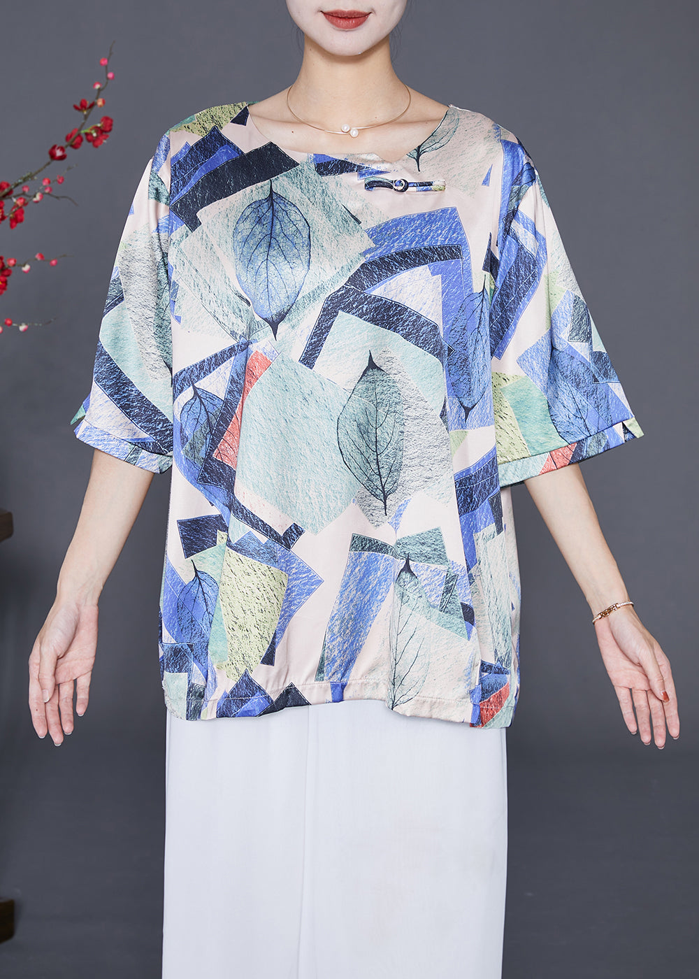 Blue Print Silk Shirt Tops Oversized Chinese Button Summer Ada Fashion