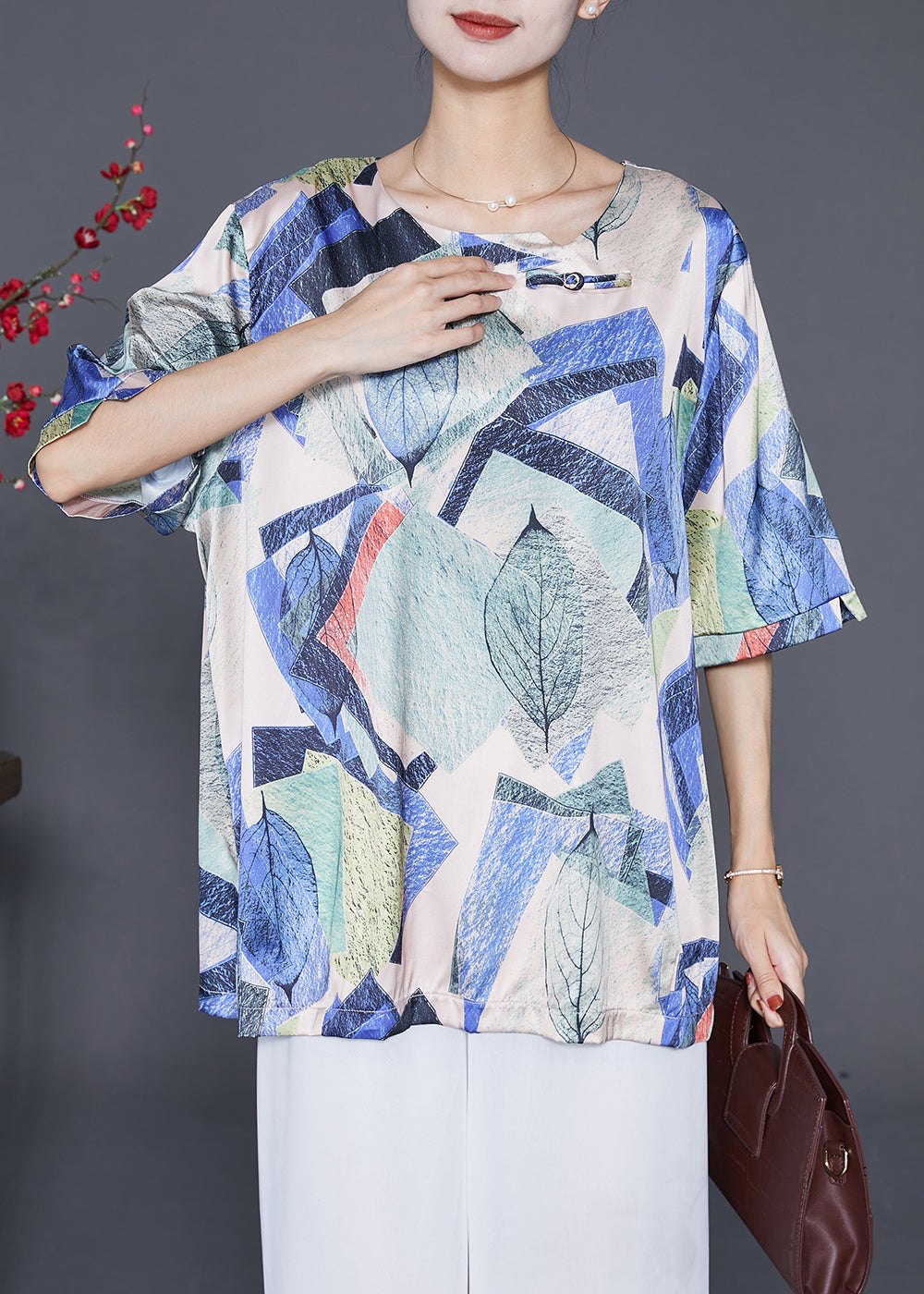 Blue Print Silk Shirt Tops Oversized Chinese Button Summer Ada Fashion