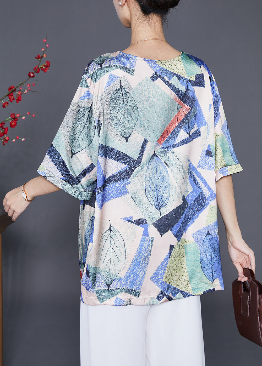 Blue Print Silk Shirt Tops Oversized Chinese Button Summer Ada Fashion