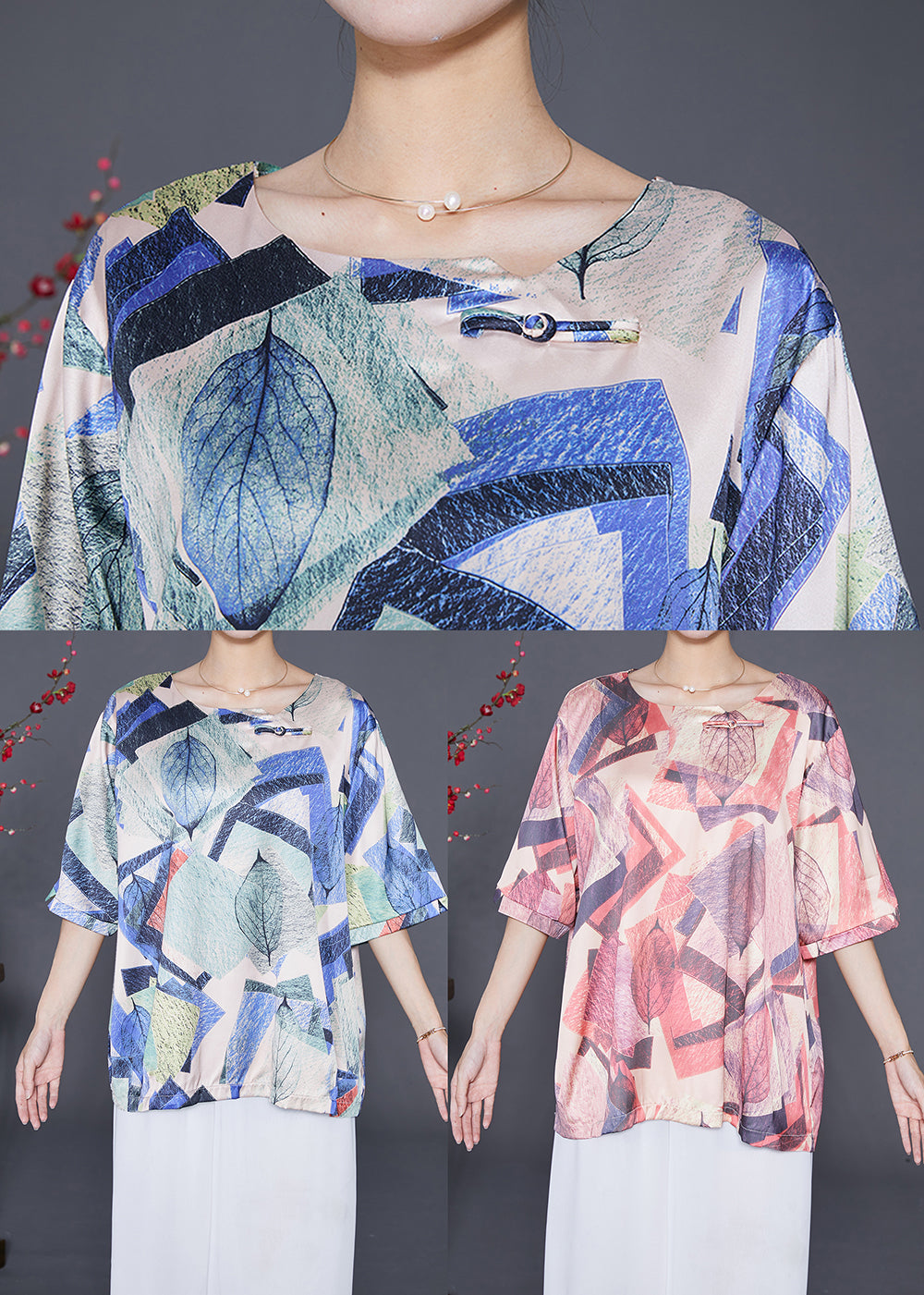 Blue Print Silk Shirt Tops Oversized Chinese Button Summer Ada Fashion